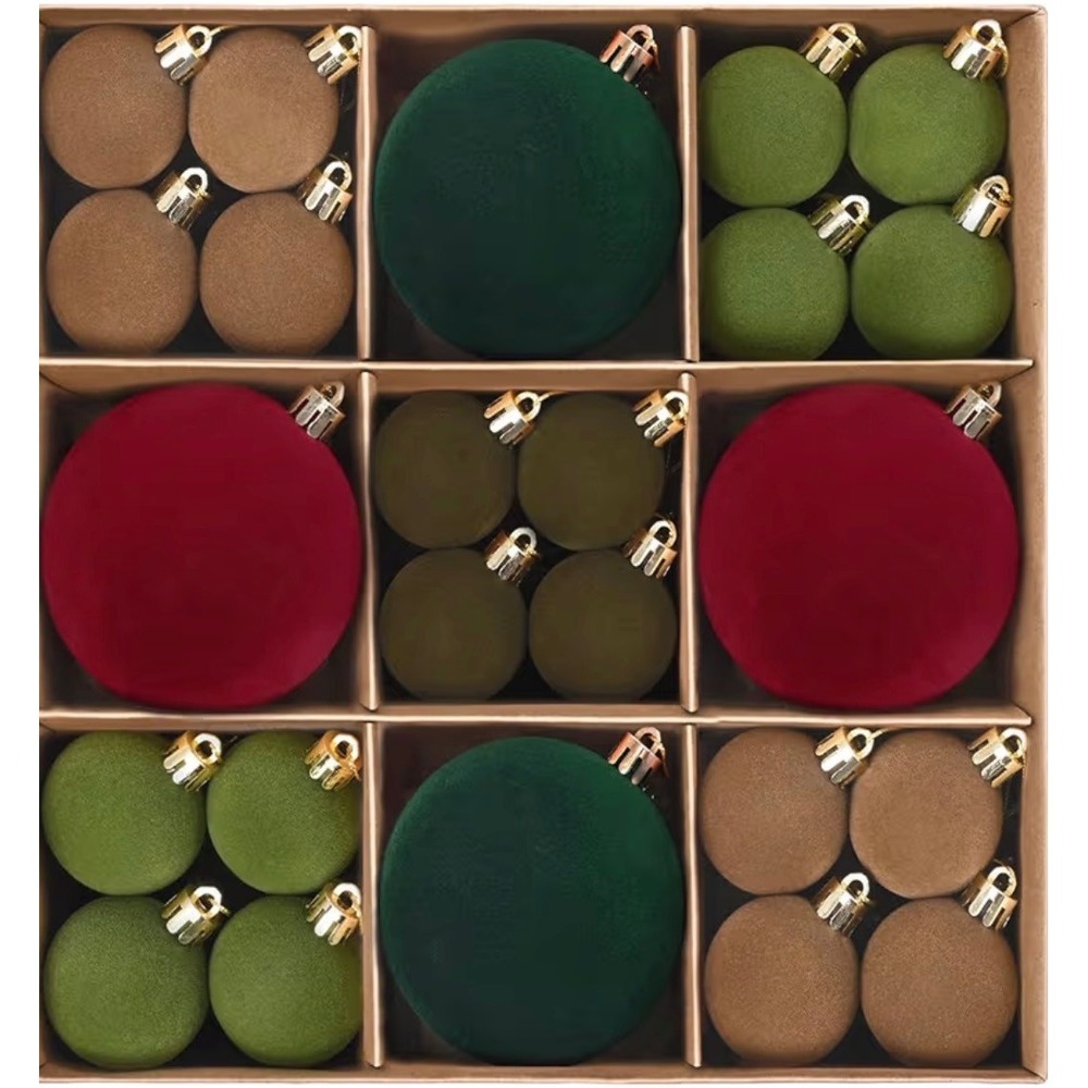 44 Pcs Velvet‎ Christmas Ornaments Set Flocked Shatterproof Red Green Brown